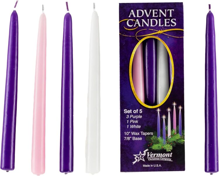 Christmas Advent Candles (Set of 5) - 10" Wax Taper Candles by Vermont Christmas Company - 3 Purple, 1 Pink, 1 White